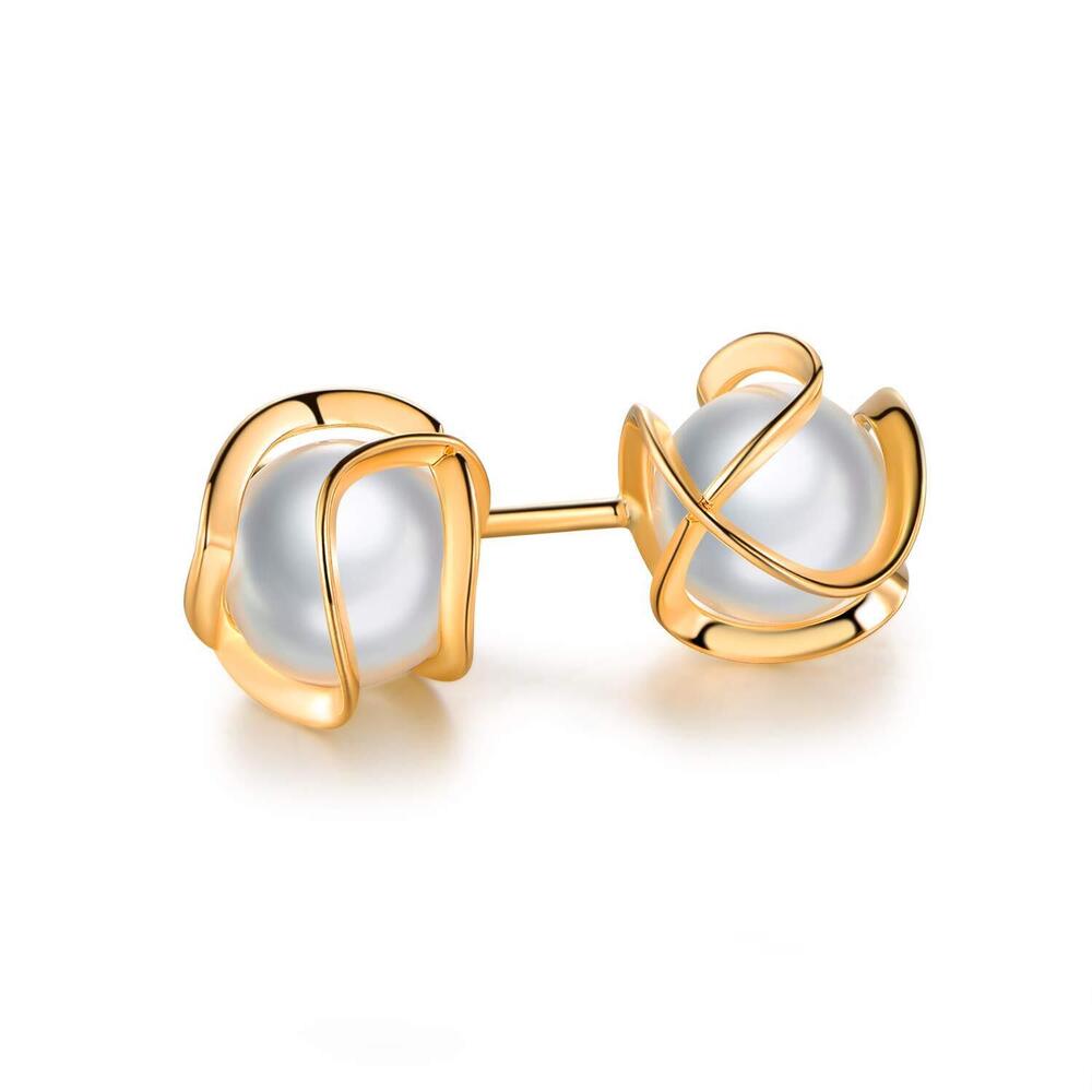 Pearl Stud Earrings 6MM Caged Gold Plated - Picture 5 of 6